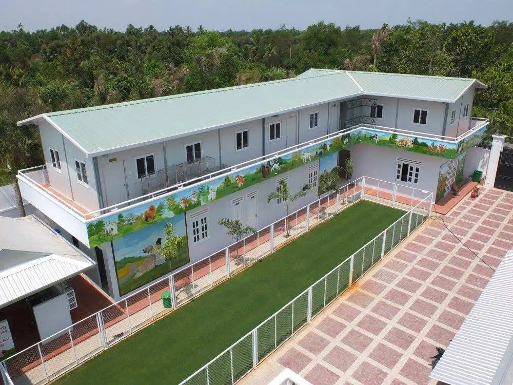 Toàn cảnh cơ sở trông giữ chó 119 với sân cỏ và dãy chuồng lưu trú